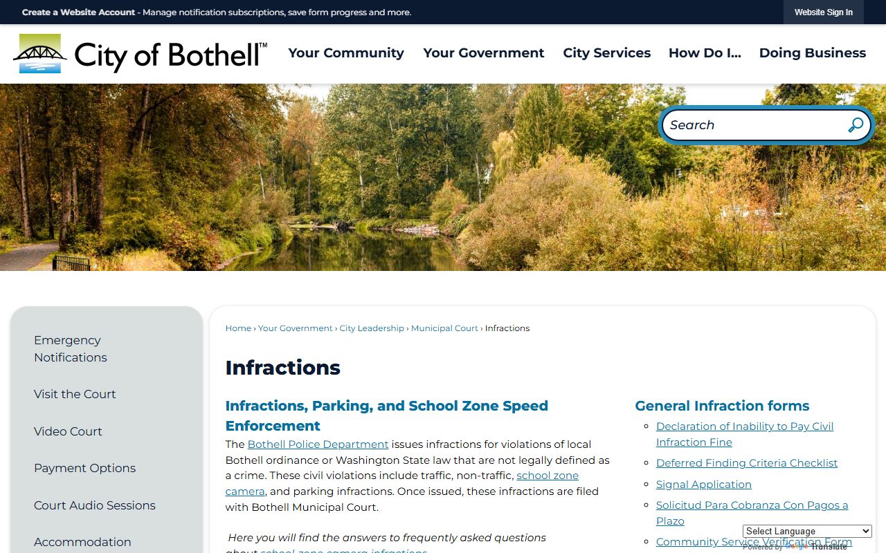Bothell Traffic Court Records infractions page