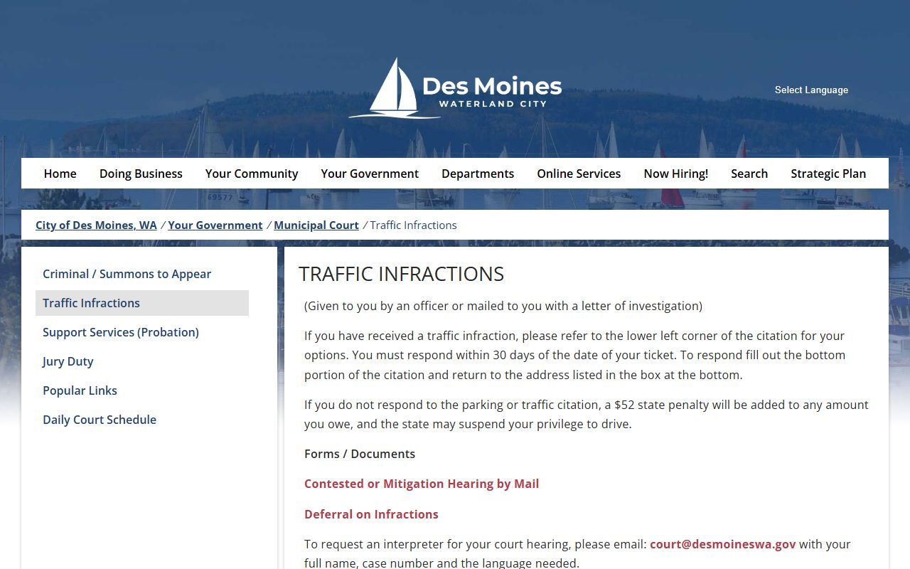 Des Moines Traffic Court Records traffic infraction page