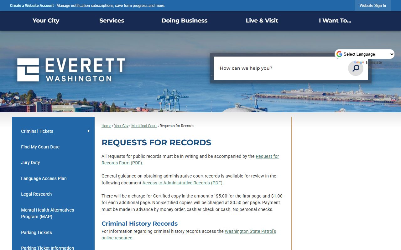 Everett Traffic Court Records records request page
