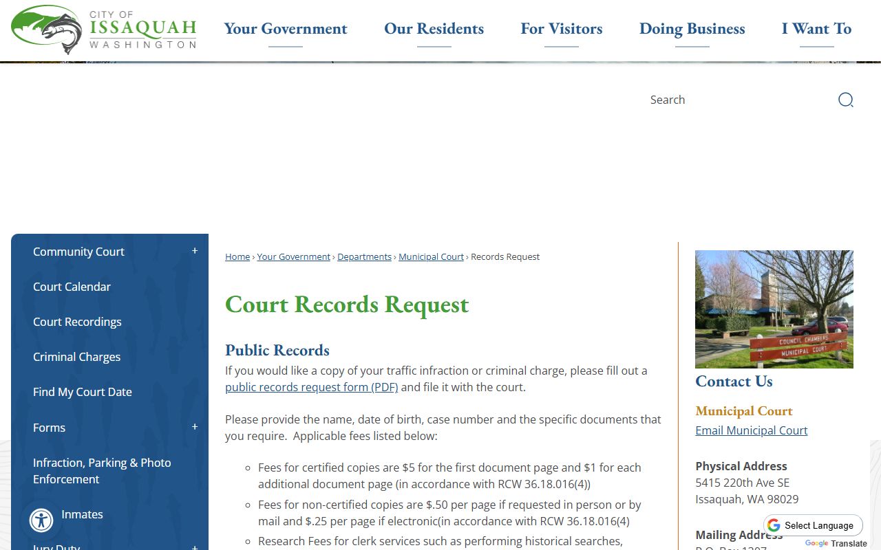 Issaquah Traffic Court Records request page
