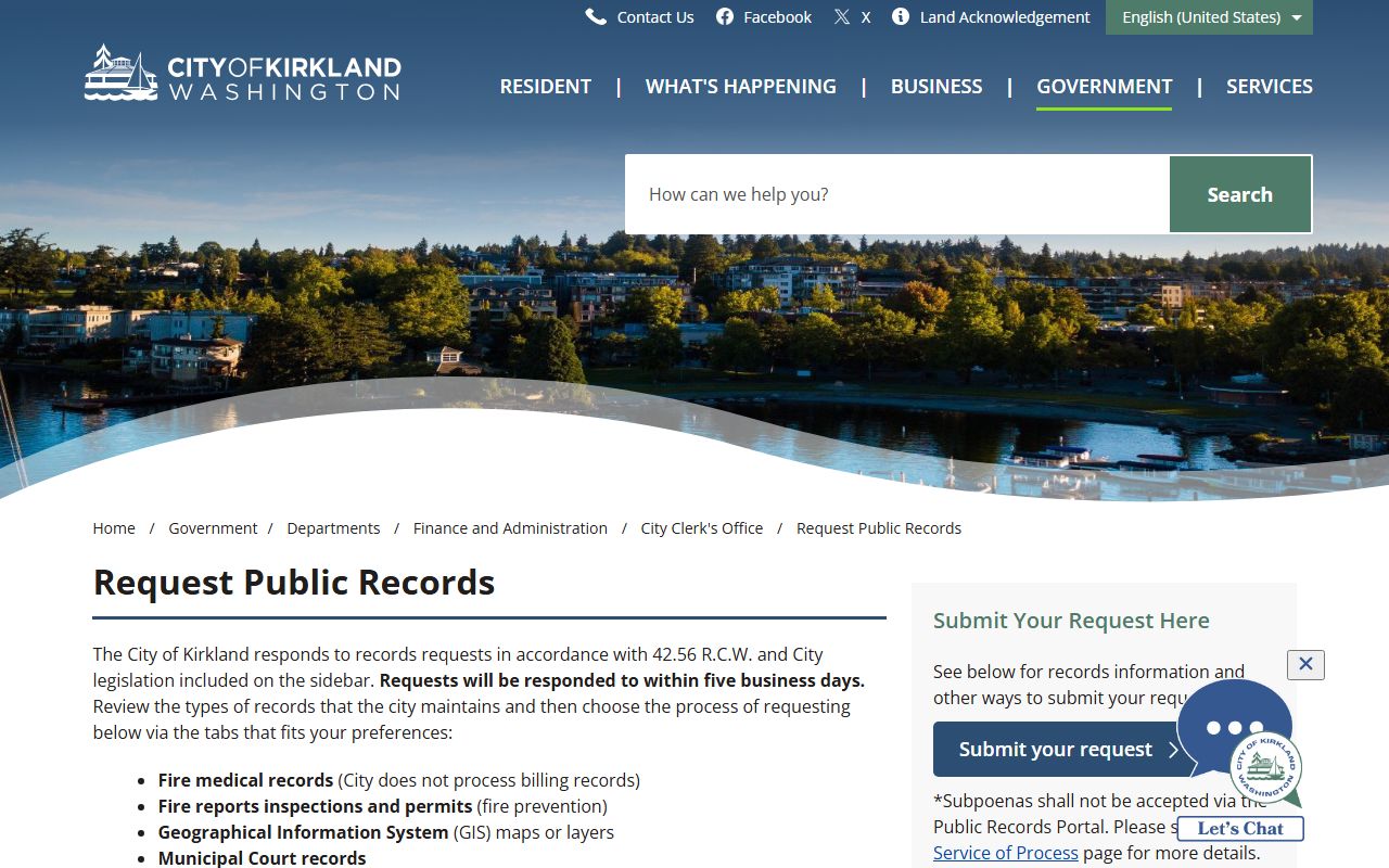 Kirkland Traffic Court Records public records request page