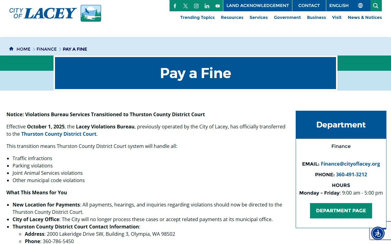Lacey Traffic Court Records transfer notice and county direction
