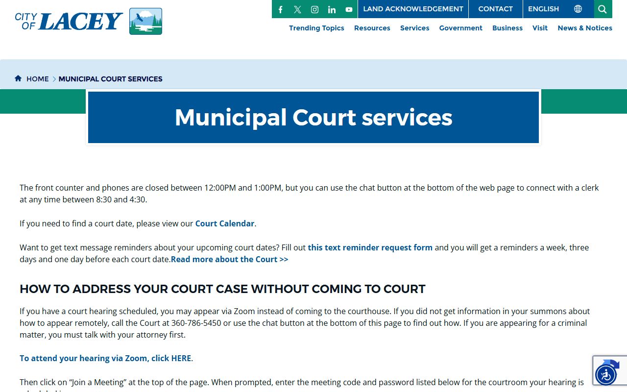 Lacey Traffic Court Records on the municipal court services page