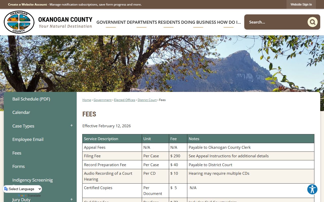 Okanogan County Traffic Court Records clerk fees