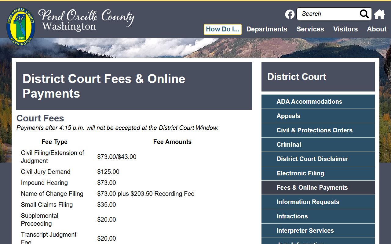 Pend Oreille County Traffic Court Records district court fees page
