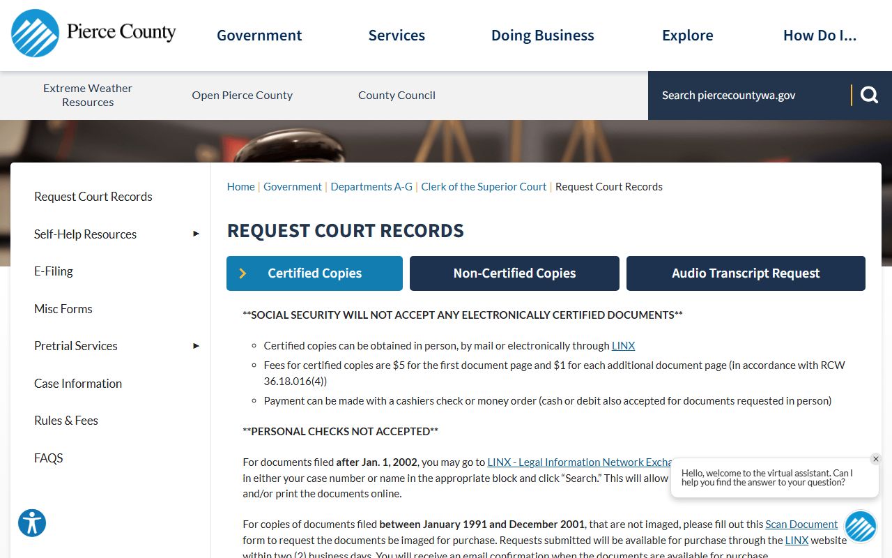 Pierce County Traffic Court Records request page