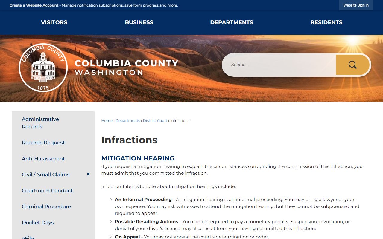 Columbia County Traffic Court Records infractions page