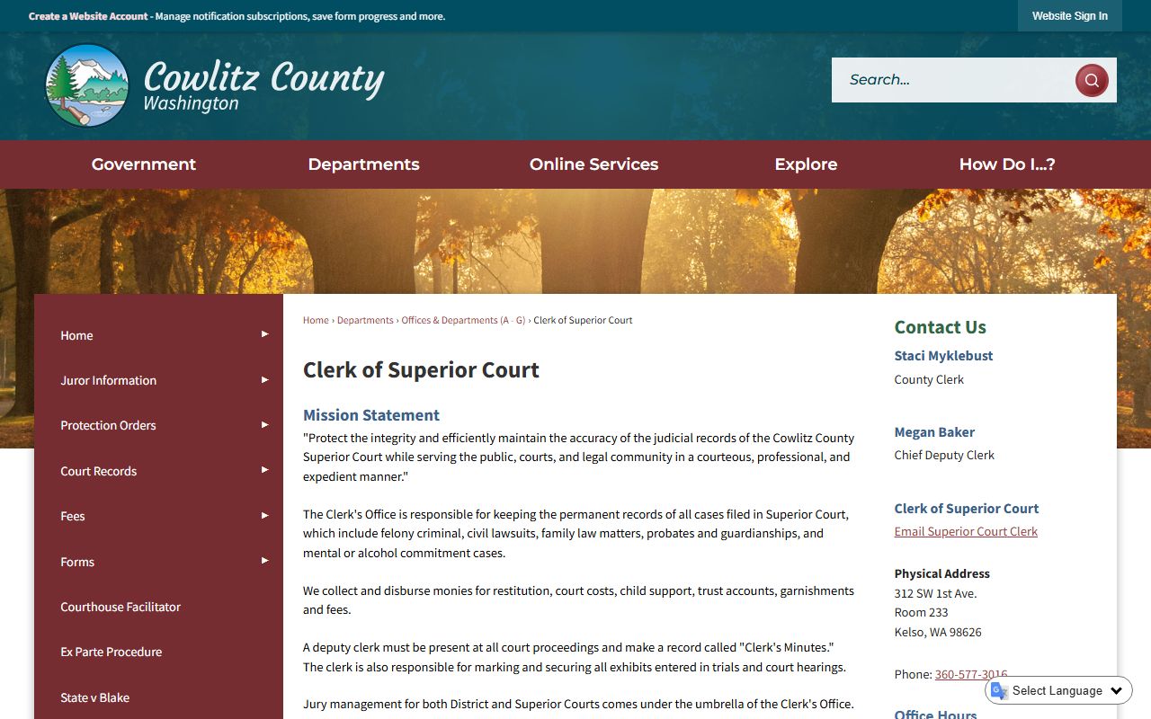 Cowlitz County Traffic Court Records clerk page