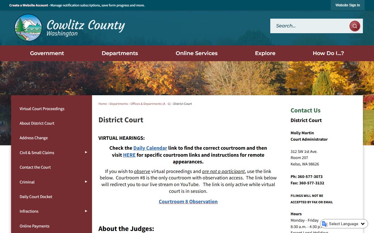 Cowlitz County Traffic Court Records district court page