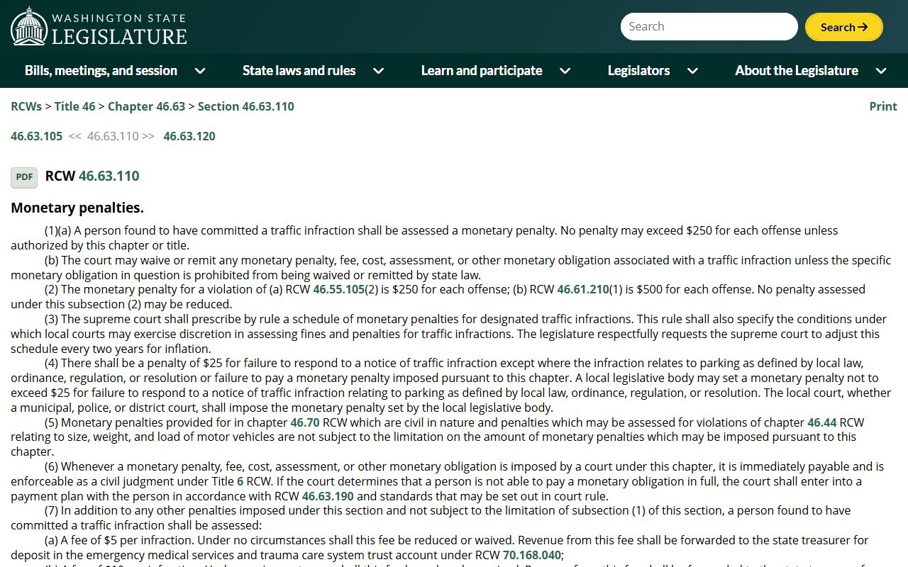 Washington Traffic Court Records monetary penalties source