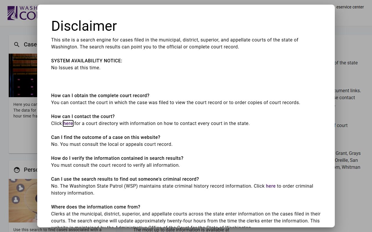 Washington Traffic Court Records case search portal